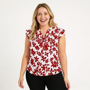 Bloomchic Floral Ruffle Sleeve Blouse Size 10 White Red NWT Romantic Statement